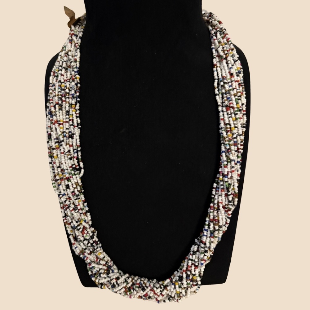 ⭐️ Multi Strand Seed Bead Statement Necklace |  White Multicolor Boho Summer
